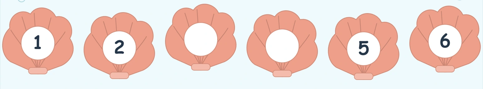 Coral shells containing 1, 2, two blank centers, 5 and 6