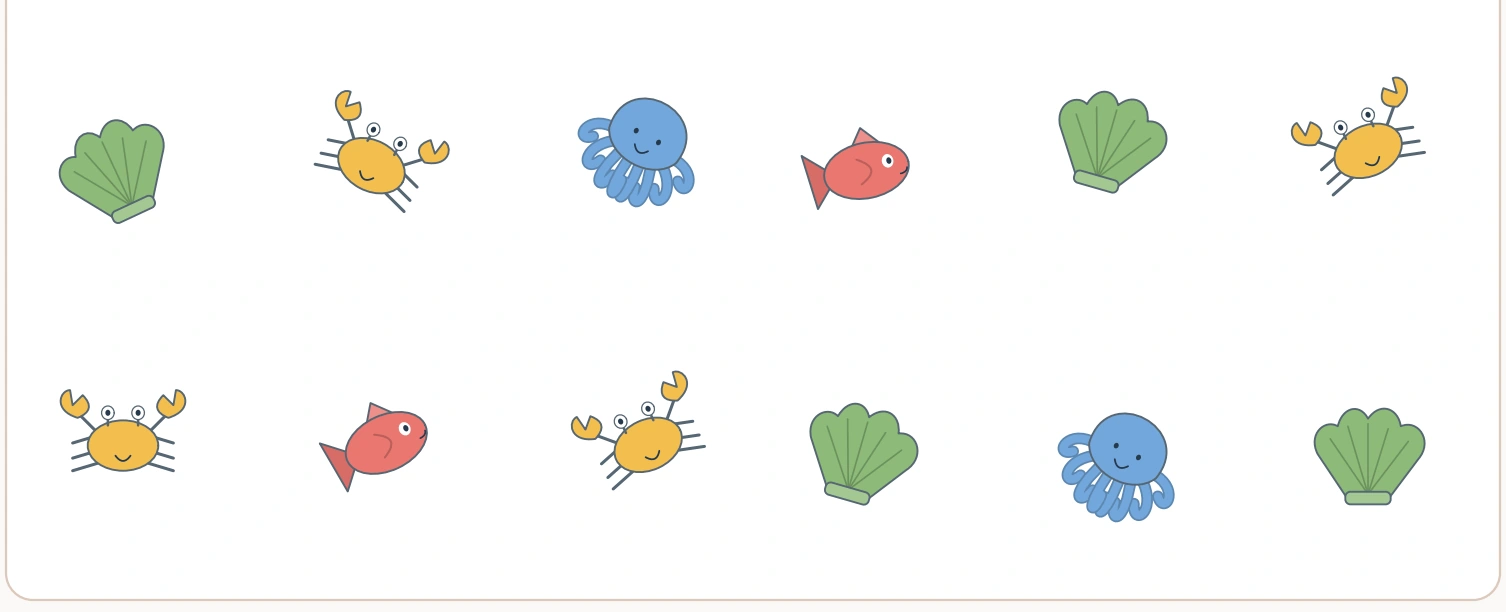 Ocean Search and Count: last rows view The lower two ocean rows contain fish, crabs, octopuses and shells in mixed positions.