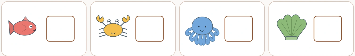 Ocean Search and Count: ocean key view Fish, crab, octopus and shell reference pictures sit beside four empty numeral boxes.