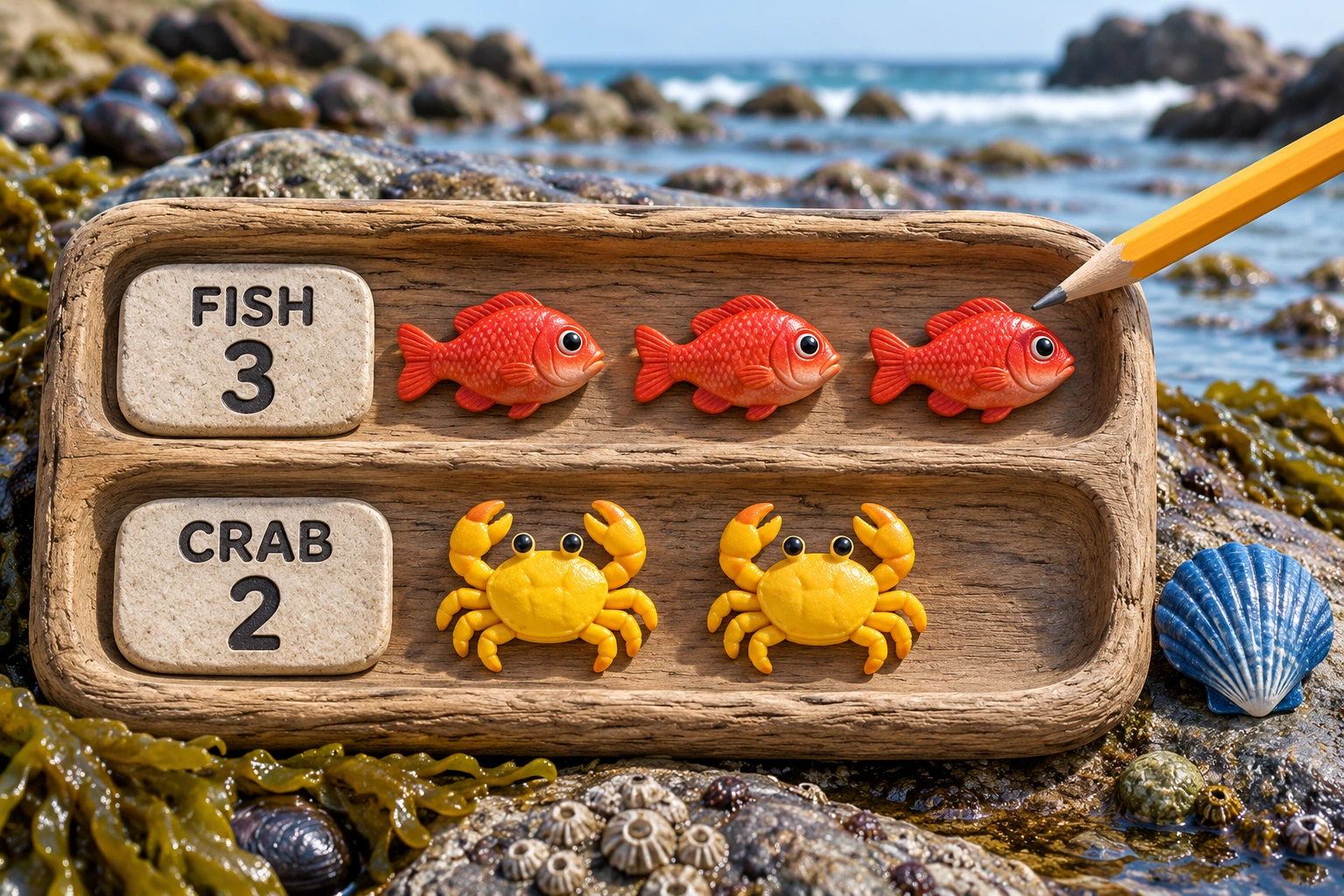 Original tactile play scene for ocean picture counting A separate small example contains three fish and two crabs with FISH 3 and CRAB 2 labels; these are not the worksheet totals.