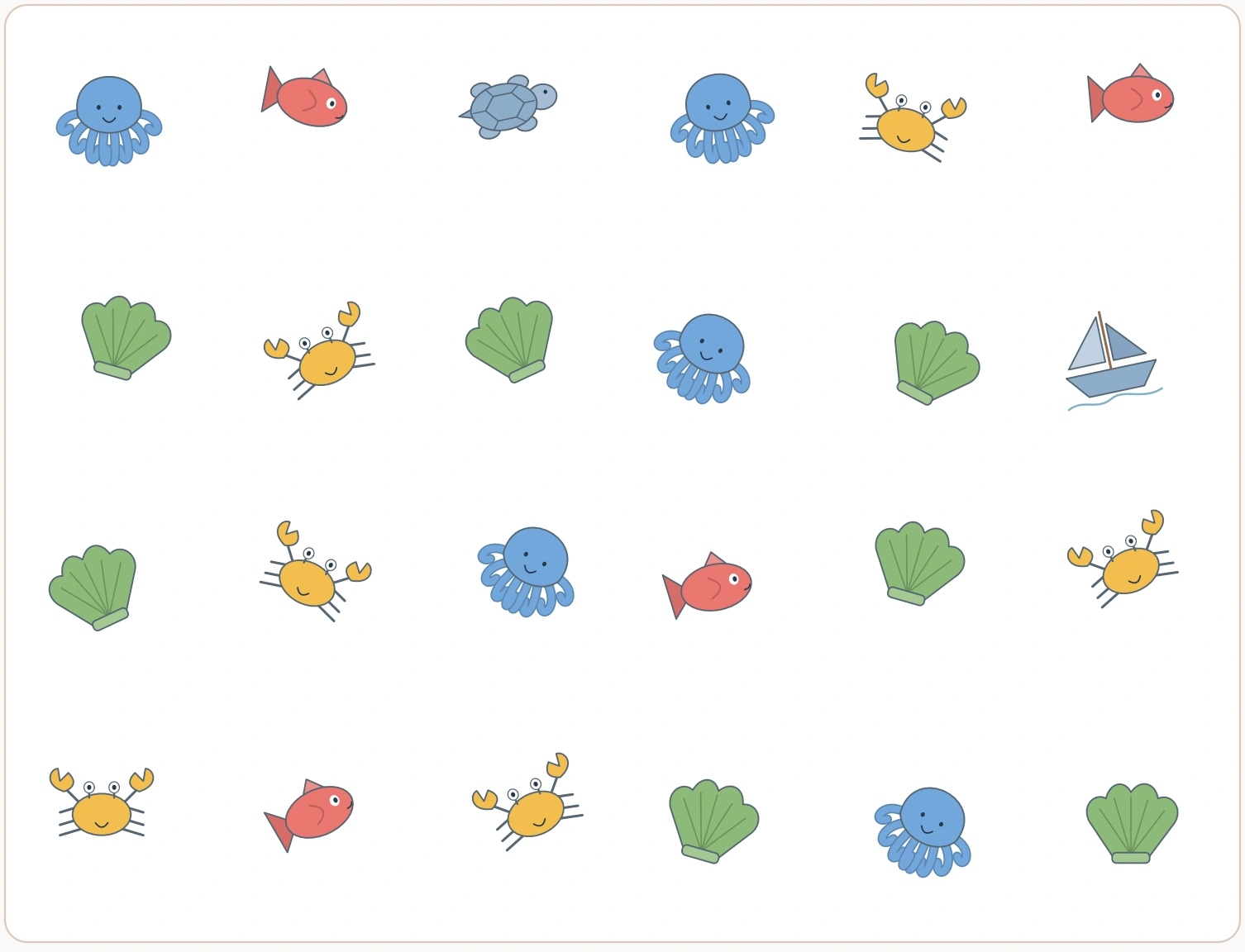 Ocean Search and Count: scatter field view The complete twenty-four-picture ocean field includes the two non-target distractors.