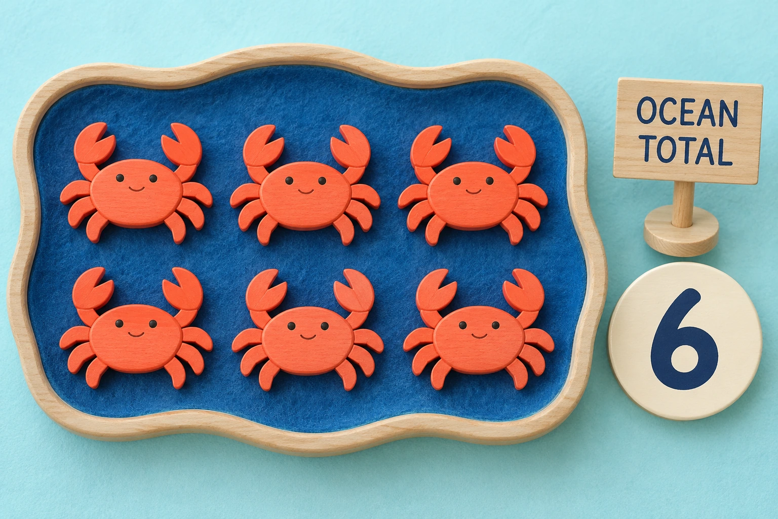 A tide-pool tray gives a remembered total a visible label Six wooden crabs in two rows of three beside OCEAN TOTAL and a numeral 6 disk
