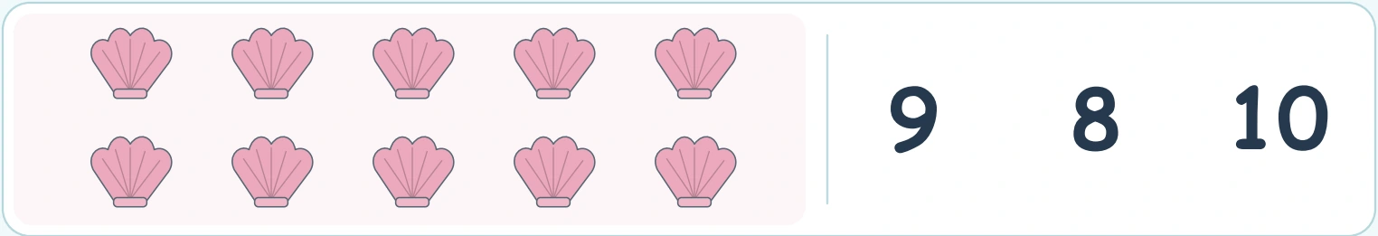A ten-shell total uses the rightmost ocean choice Ten pink shell pictures in two lines of five with choices 9, 8 and 10