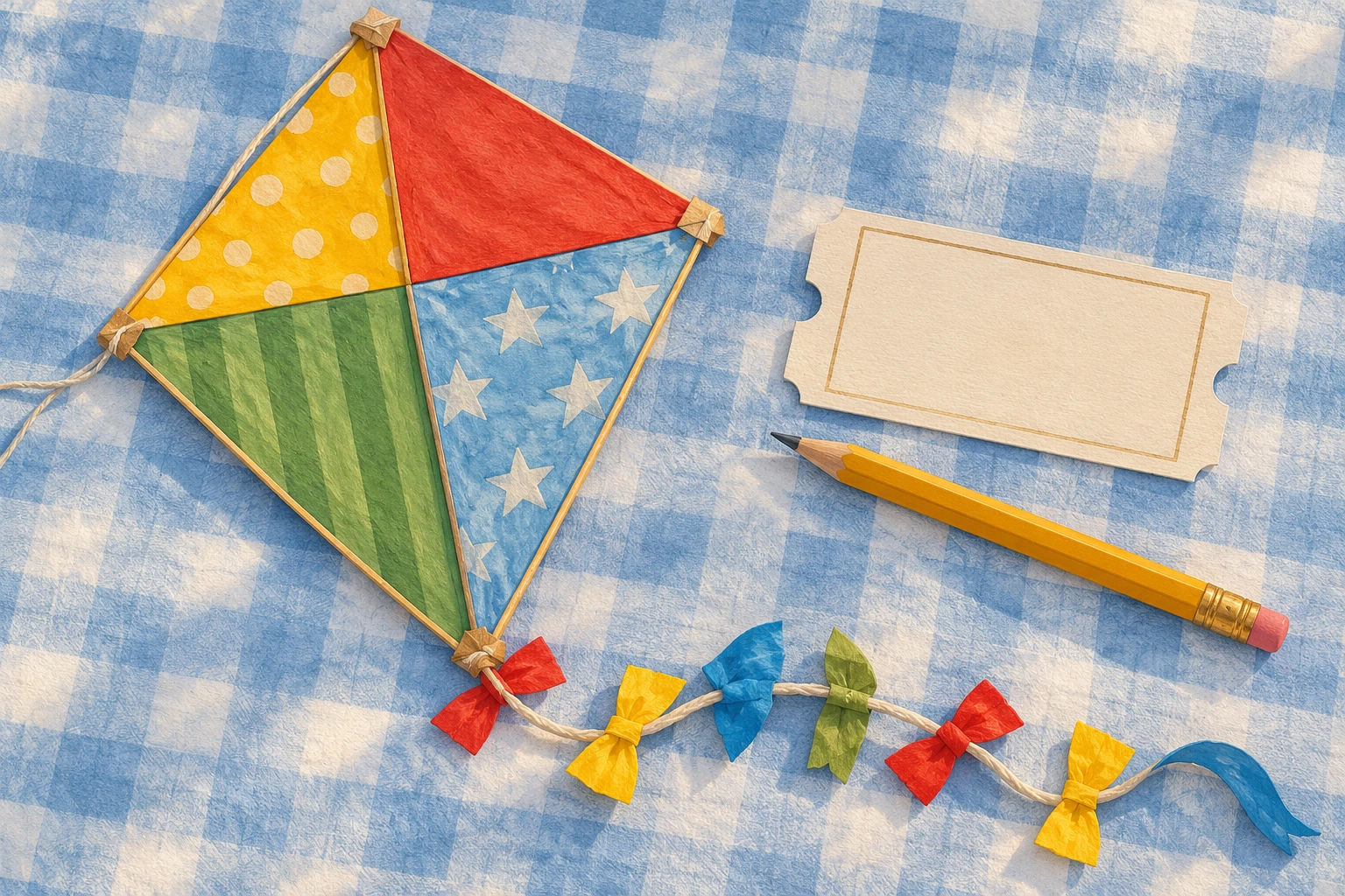 Patchwork paper kite, blank admission ticket and yellow pencil on blue checked cloth