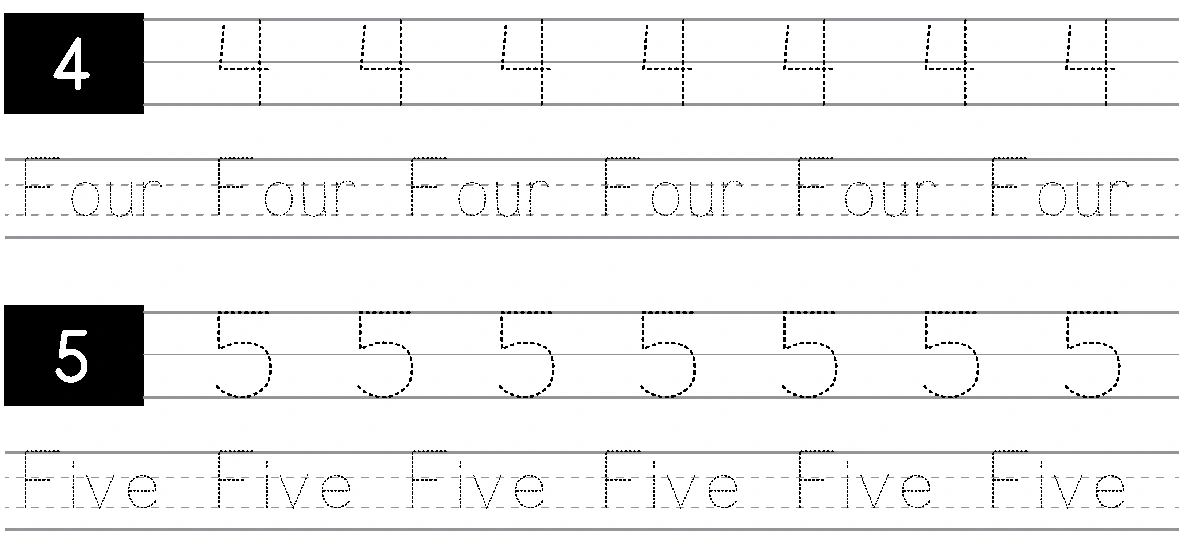Paired practice sections for 4 and Four, then 5 and Five, with dotted numerals and number words