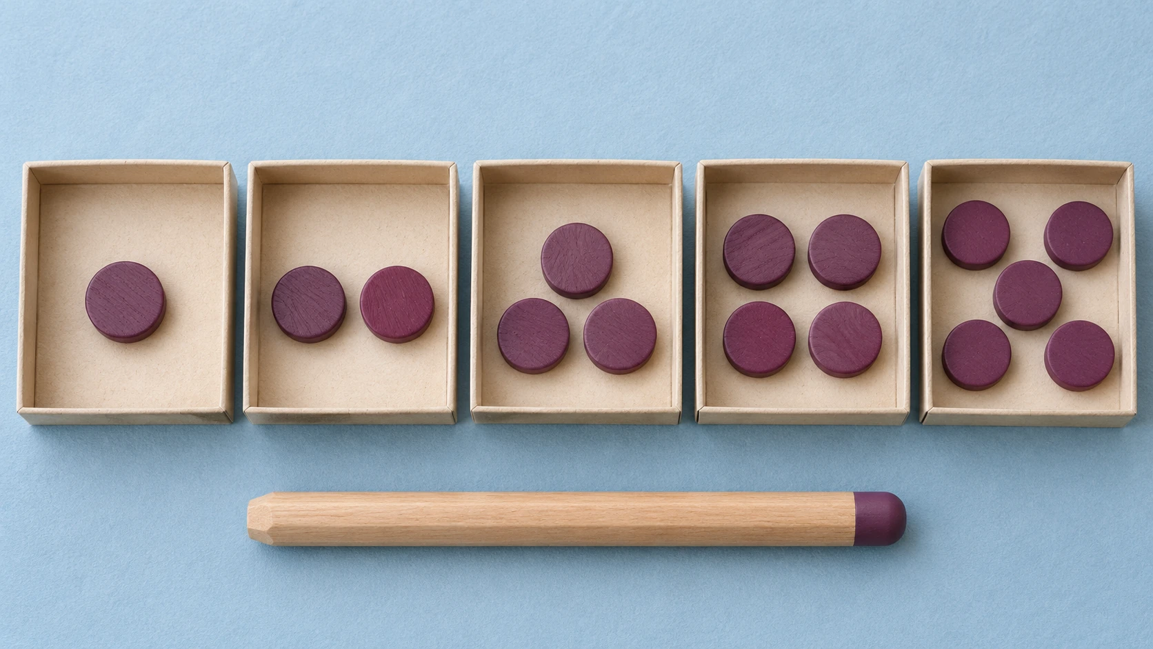 Five separate compartments holding groups of one, two, three, four and five wooden counting discs