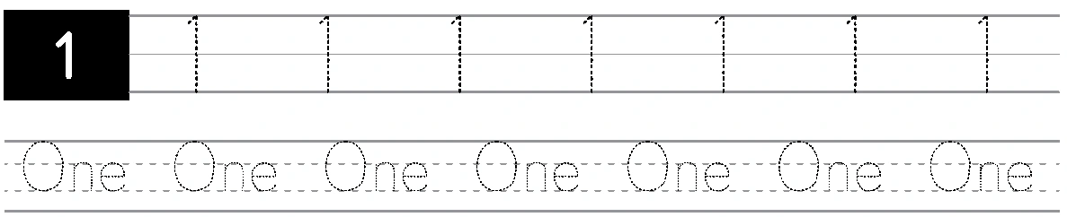 Solid model 1 followed by dotted numeral ones and a separate dotted row of the word One