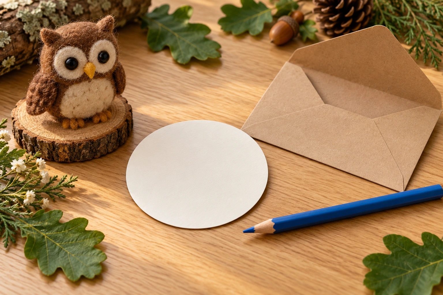 Handmade owl learning props with unprinted writing materials for a Oo story