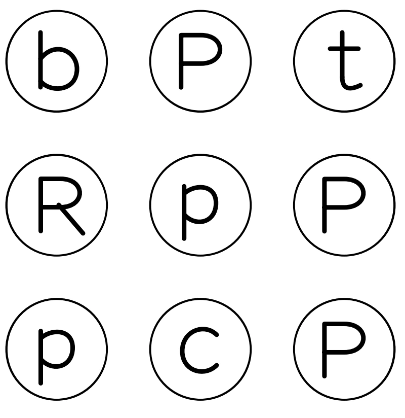 Three capital P and two lowercase p targets in the source recognition grid Nine letter circles arranged b P t, R p P, and p C P