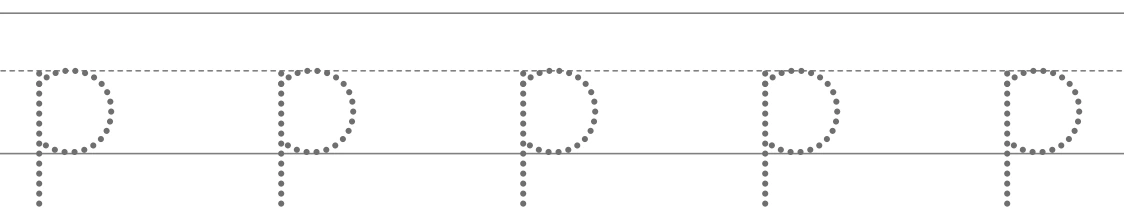 The opening five p models preserve the complete lower stem below the baseline First five lowercase p tracing guides with bowls above the lower rule and stems descending beneath it