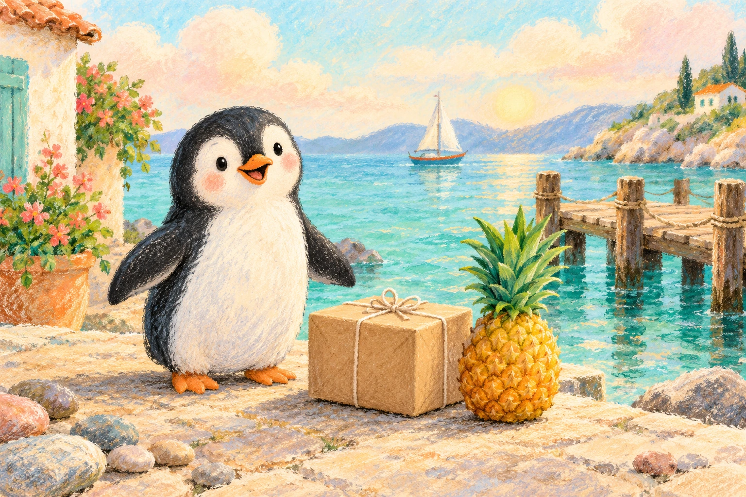 A pretend penguin delivery scene for pineapple and parcel conversations Pastel imaginary harbour scene with a penguin beside a tied parcel and whole pineapple, with a pier and distant sailboat