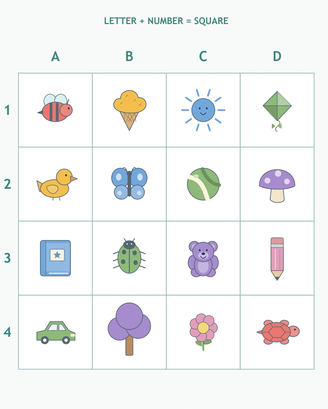 Park Grid References: full park reference grid The four-by-four park map retains column letters, row numbers and all sixteen pictures.