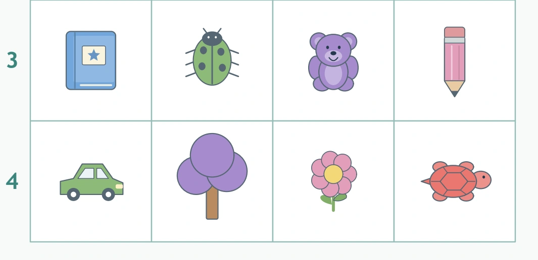 Park Grid References: lower park map rows Rows three and four show the book, ladybug, teddy, pencil, car, tree, flower and turtle.