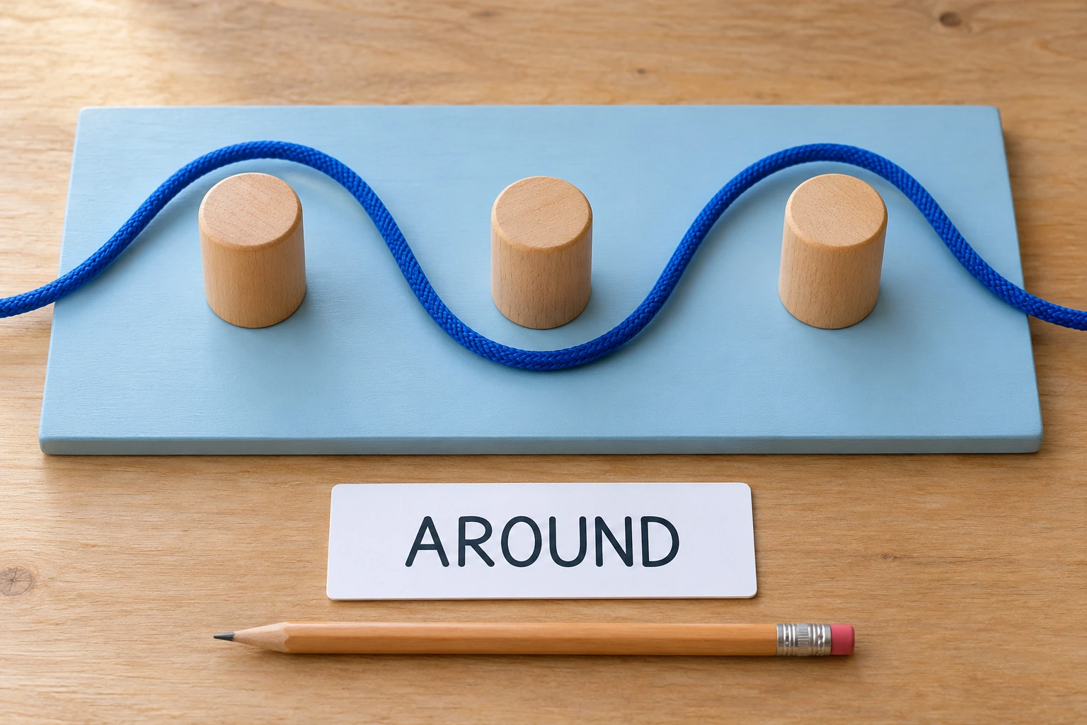 Blue cord bending around three wooden pegs beside a readable AROUND card