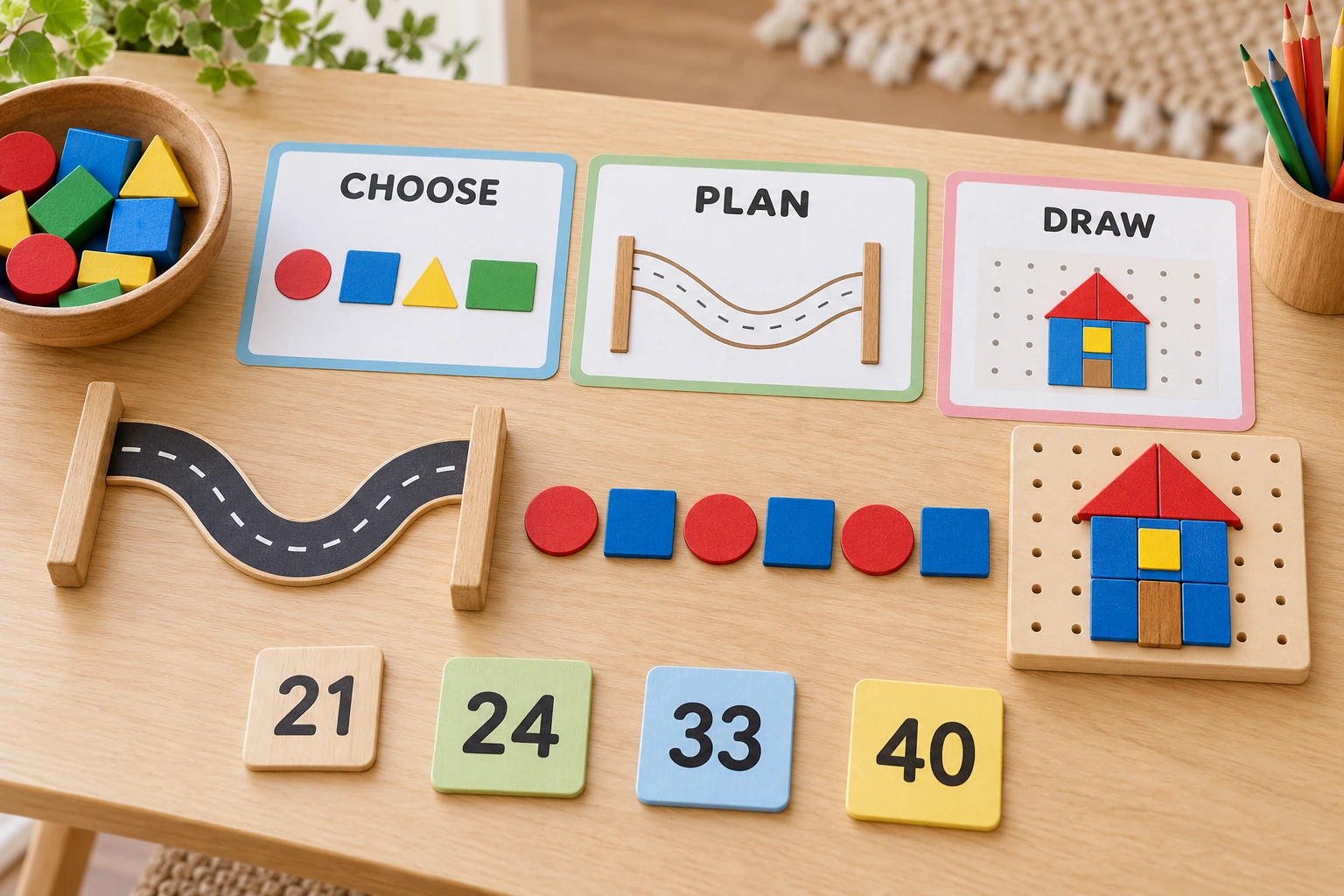 A tabletop invitation to choose a different pencil decision Labelled choose plan draw cards with number tiles and completed tactile pencil-task examples