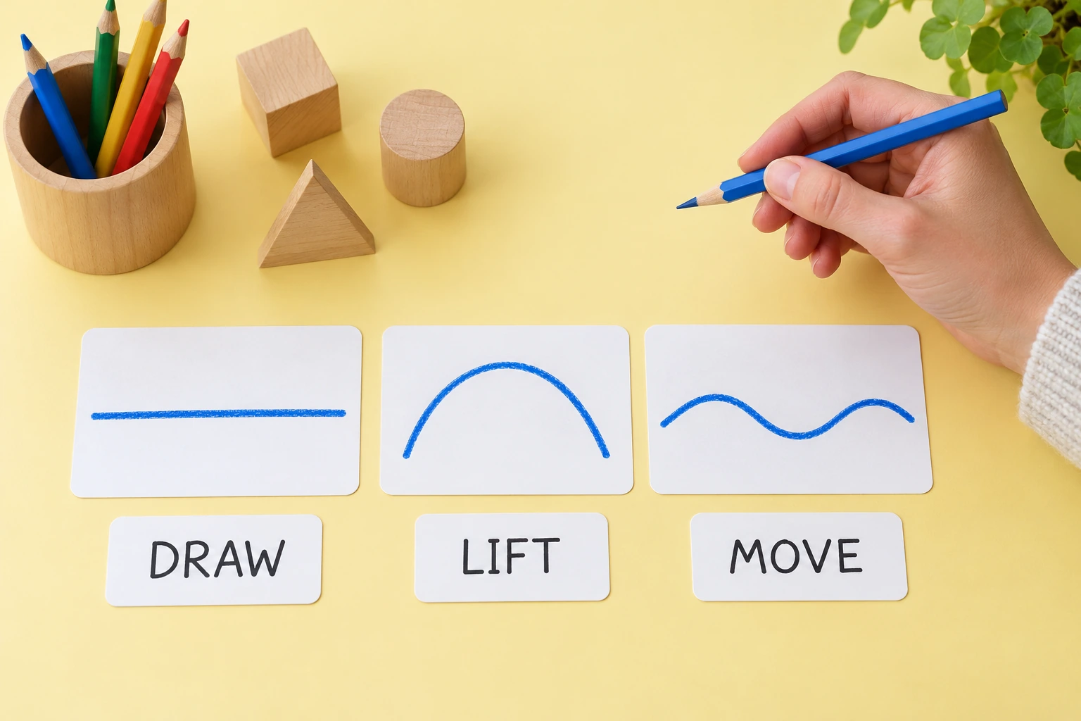 Completed short blue paths with DRAW LIFT MOVE cards and a pencil raised above the gaps