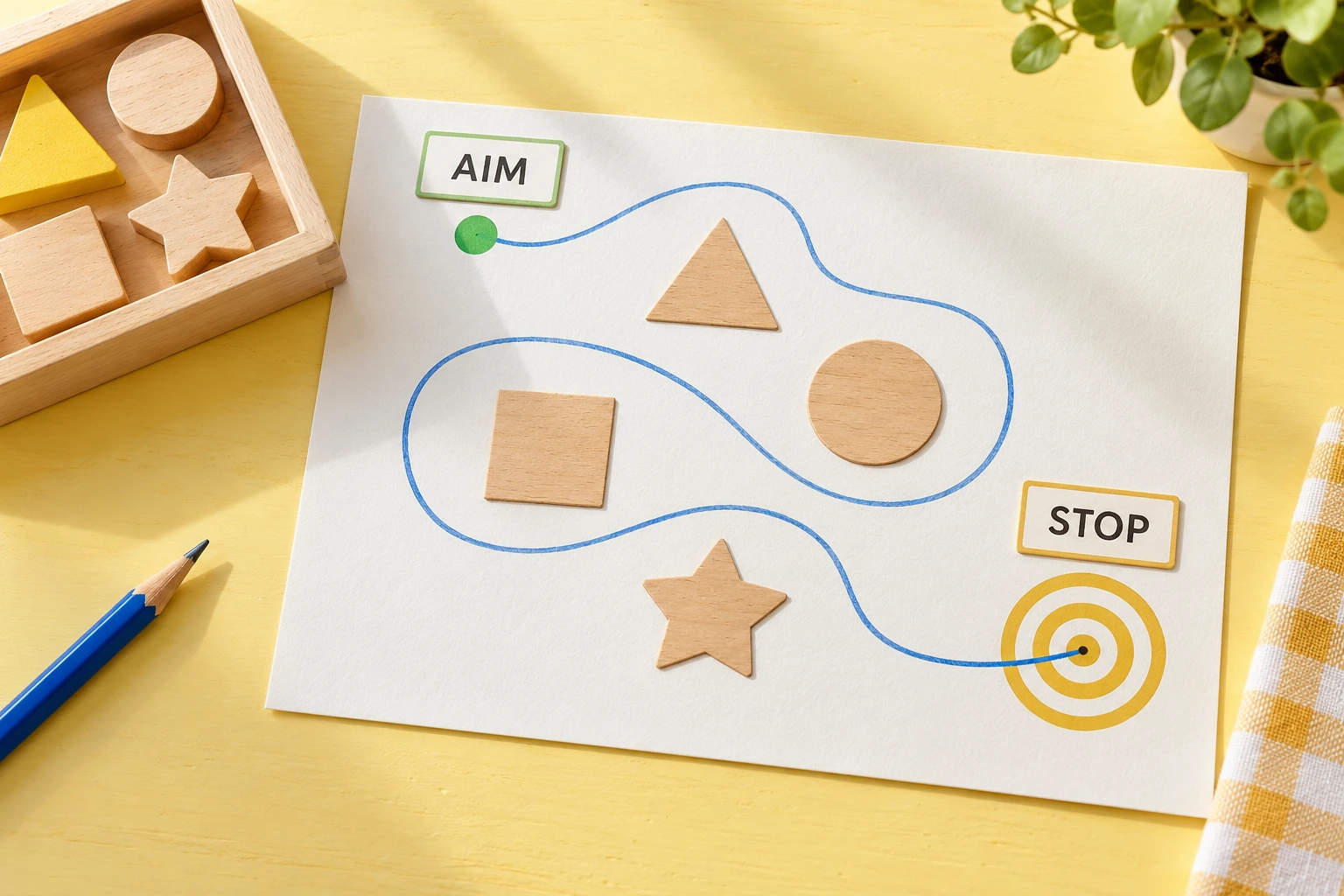 A separate completed journey makes the arrival visible Completed blue path ending at a gold target centre beside AIM and STOP labels and wooden shape props