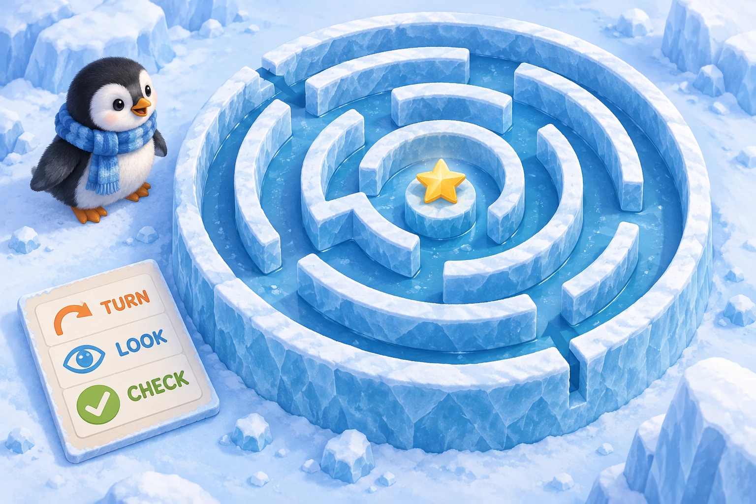 Original tactile play scene for penguin round maze TURN, LOOK and CHECK prompts accompany a penguin beside an icy circular route to a star.