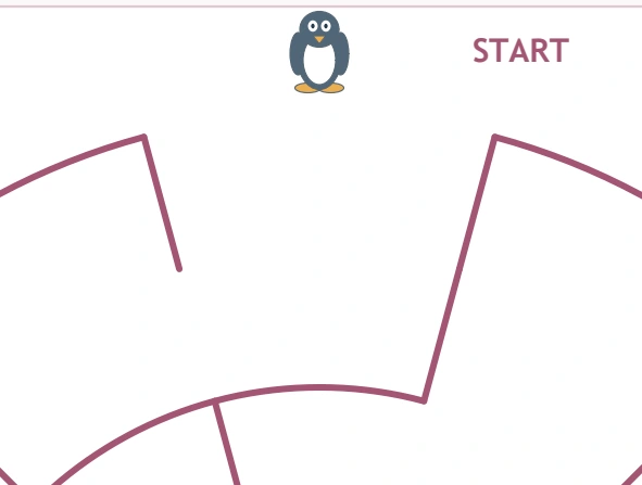Penguin Ice Maze: penguin start view A penguin stands beside START above the first curved burgundy wall.