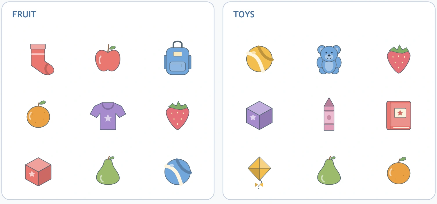 Two nine-picture groups ask for all FRUIT members and all TOYS members.