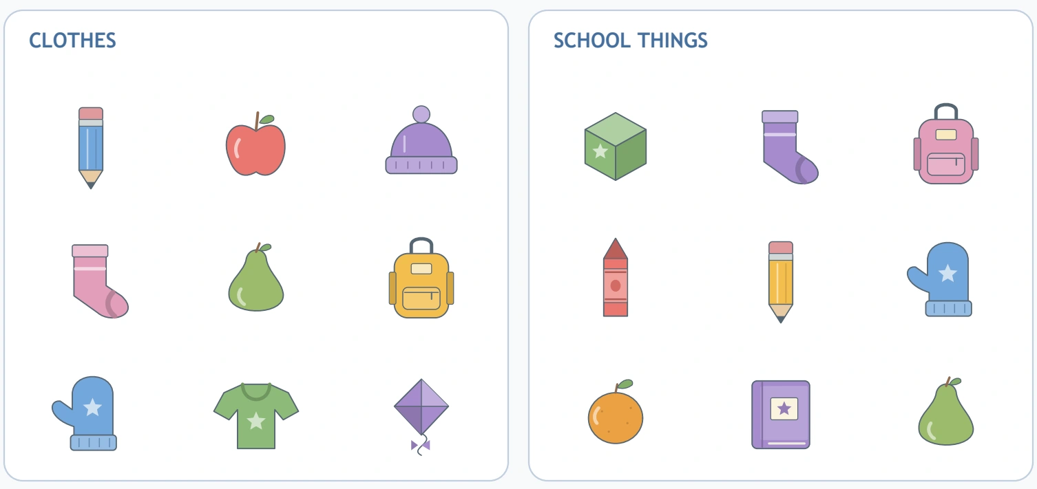 The lower CLOTHES and SCHOOL THINGS panels retain nine candidates each.