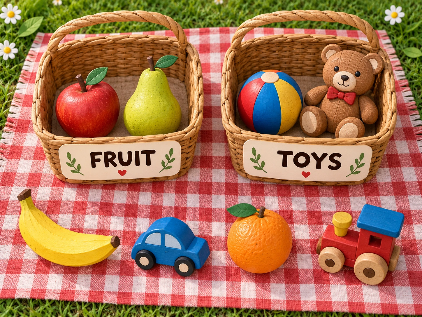 Two picnic baskets separate fruit from toys