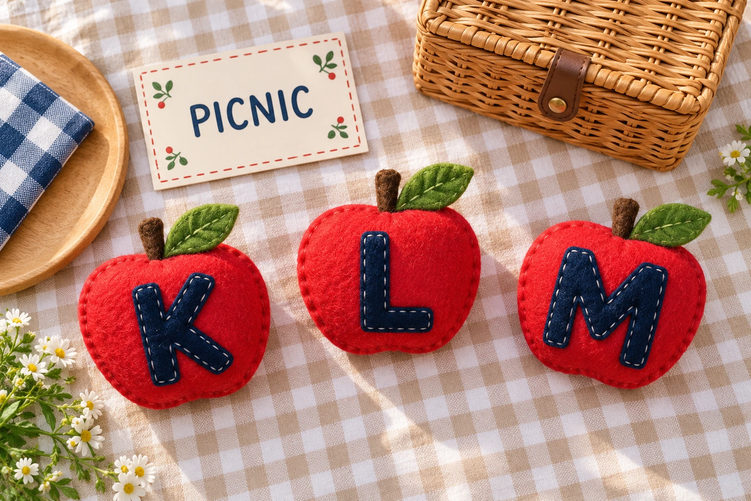 Felt apples bearing K, L and M on picnic cloth beside a PICNIC card and basket