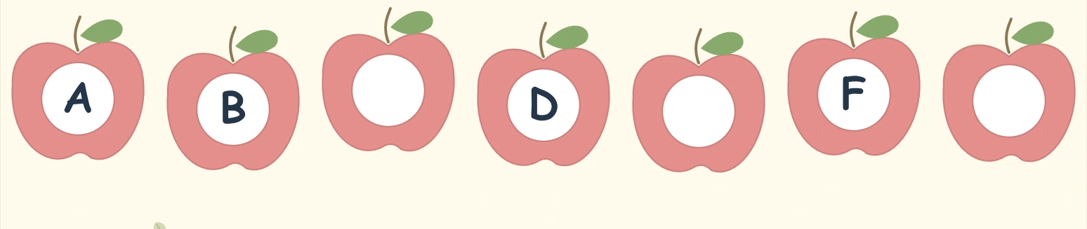 Red apple row with A, B, D and F and openings for C, E and G