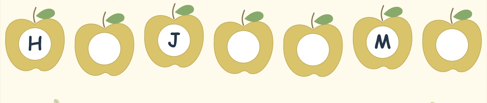 Yellow apples labeled H, J and M among four empty centers