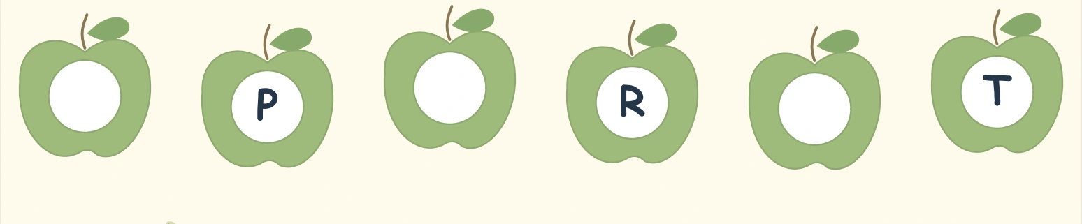 Green apple row with P, R and T printed at alternating positions
