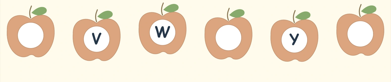 Orange apples showing V, W and Y with U, X and Z missing
