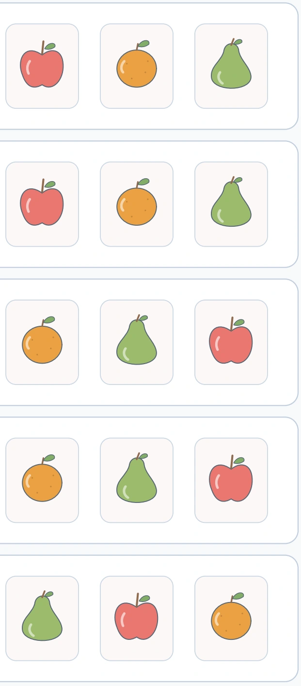 Picnic Pattern Puzzles: option detail view The right-hand choice column displays three fruit alternatives for each of the five pattern rows.