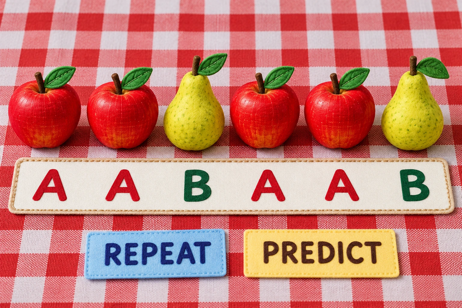 Original tactile play scene for picnic fruit patterns An apple-apple-pear sequence repeats twice above A-A-B-A-A-B letters and REPEAT and PREDICT cards.