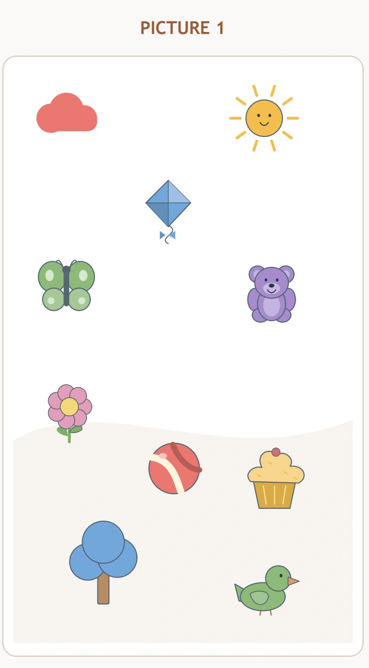 The complete left picnic picture shows the cloud, yellow sun, kite, flower and original lower objects.