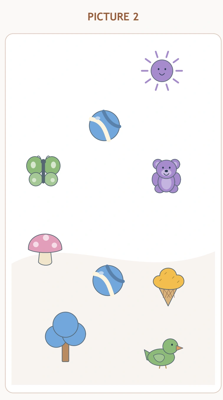 The complete right scene contains the changed sun, ball, mushroom and ice cream alongside unchanged pictures.