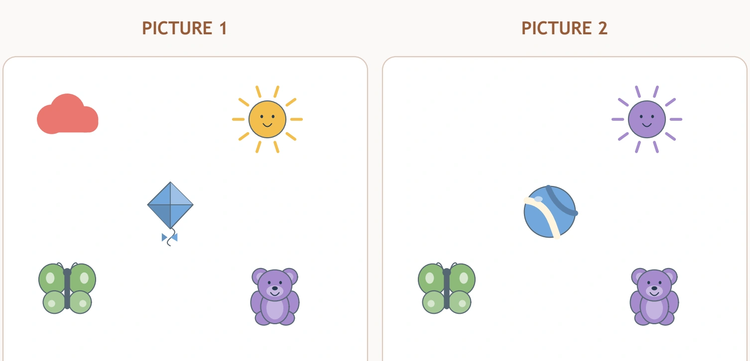 The two upper scene regions align the missing cloud, sun colour change and kite replacement.