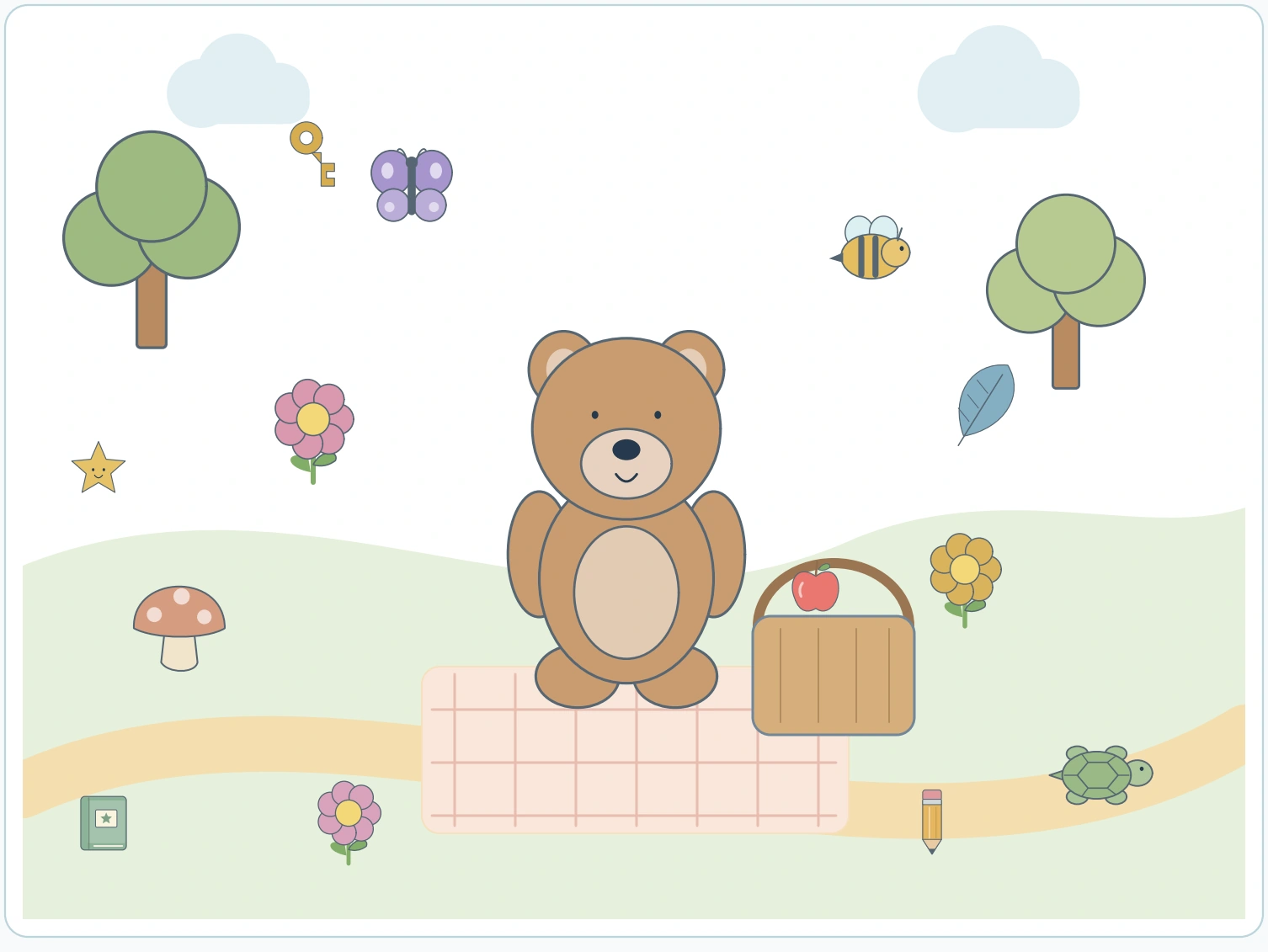 Picnic Hidden Pictures — picnic search scene Six small target objects sit among the teddy, basket, trees and path.