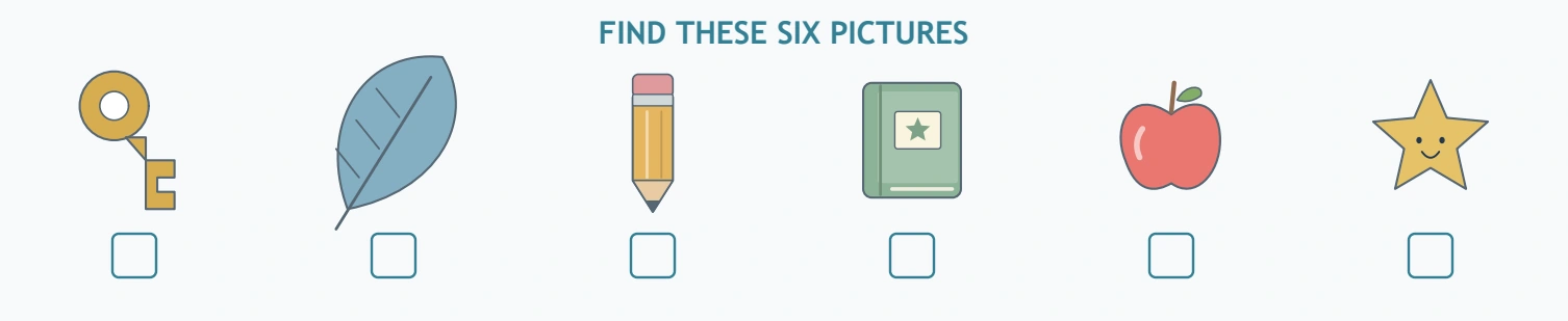 Picnic Hidden Pictures — complete target checklist Key, blue feather-shaped target, pencil, book, apple and star each have a small box.