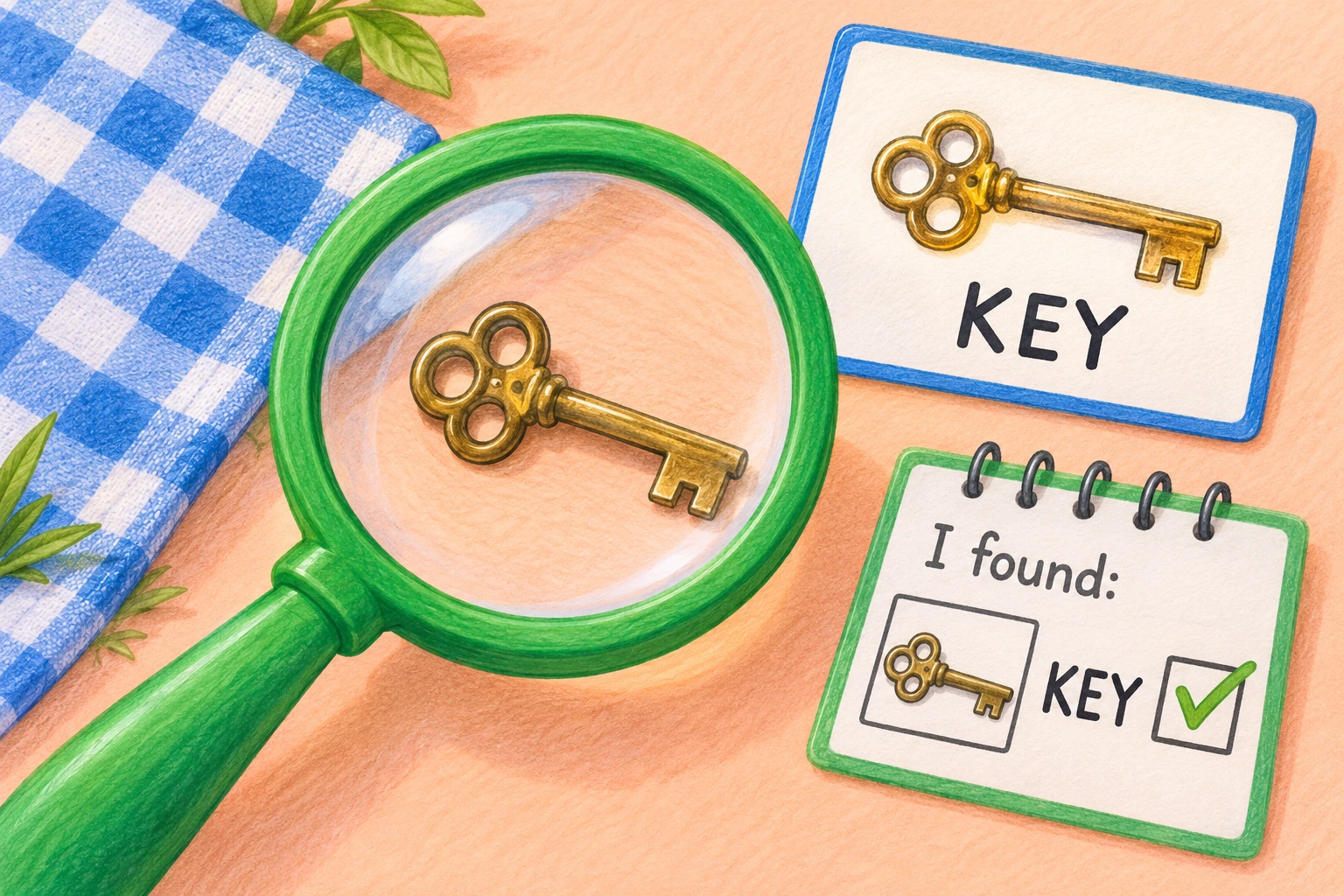 Picnic Hidden Pictures additional play illustration A key picture is matched to the same key inside a small picnic illustration.