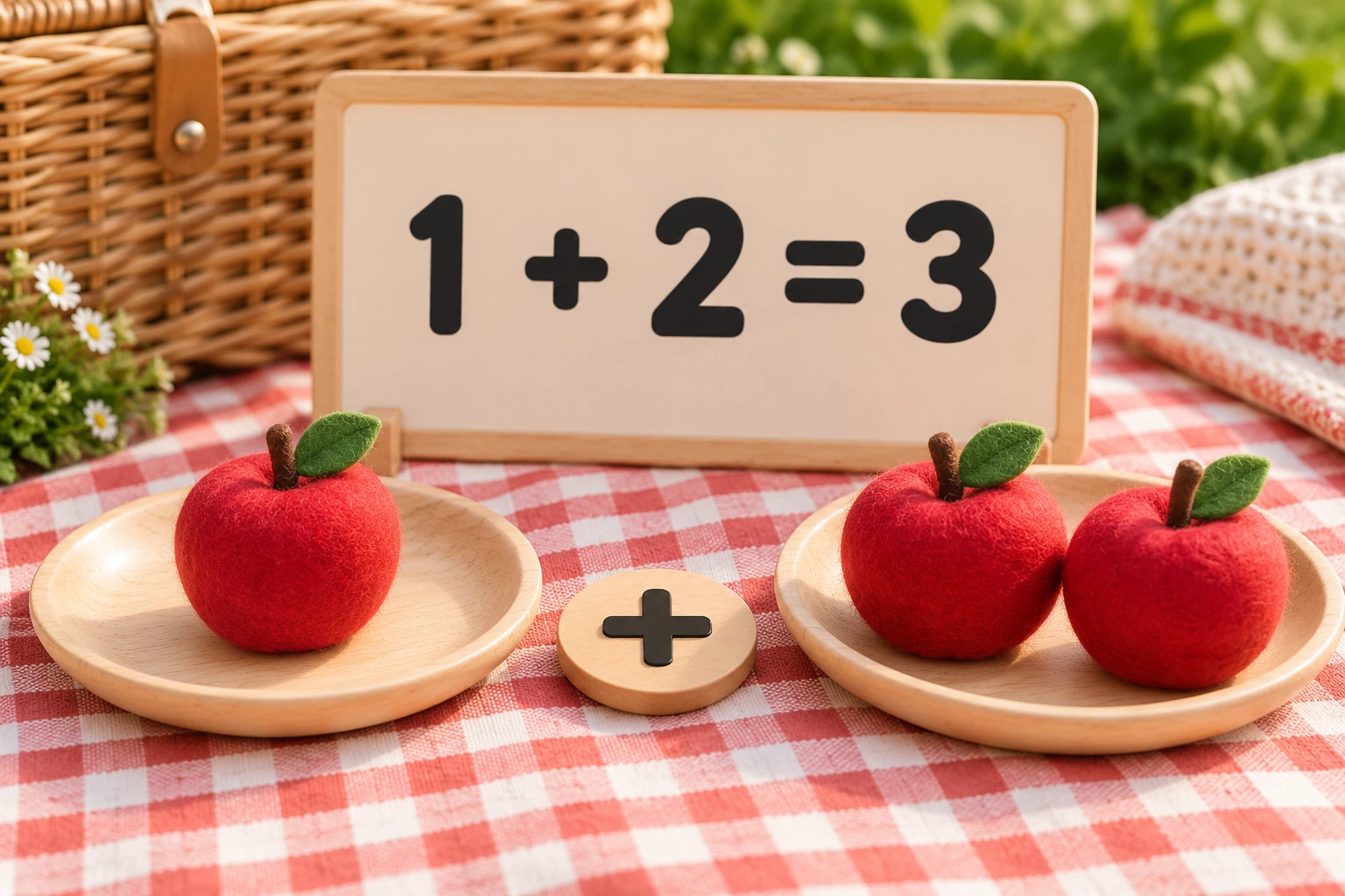 A two-plate picnic models the first fruit equation One felt apple on one plate and two on another beside 1 + 2 = 3