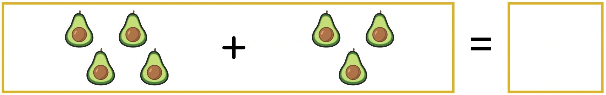 Four avocado cross-section drawings plus three more, with a yellow frame and empty answer square