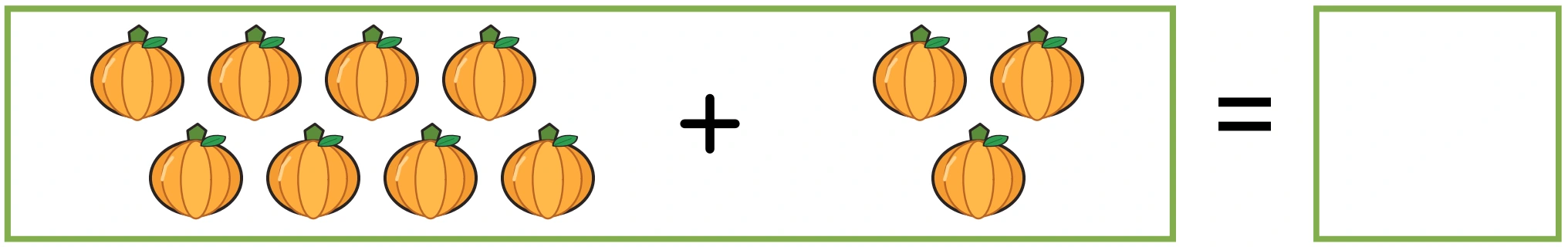 Eight pumpkins in two rows of four plus three pumpkins arranged two above one, totaling eleven