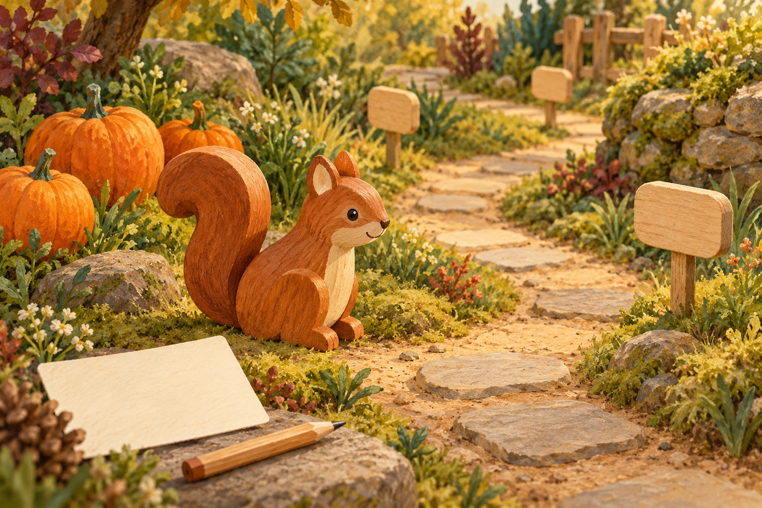 Painted wooden squirrel beside a pumpkin garden path with blank wooden markers, an empty card and pencil