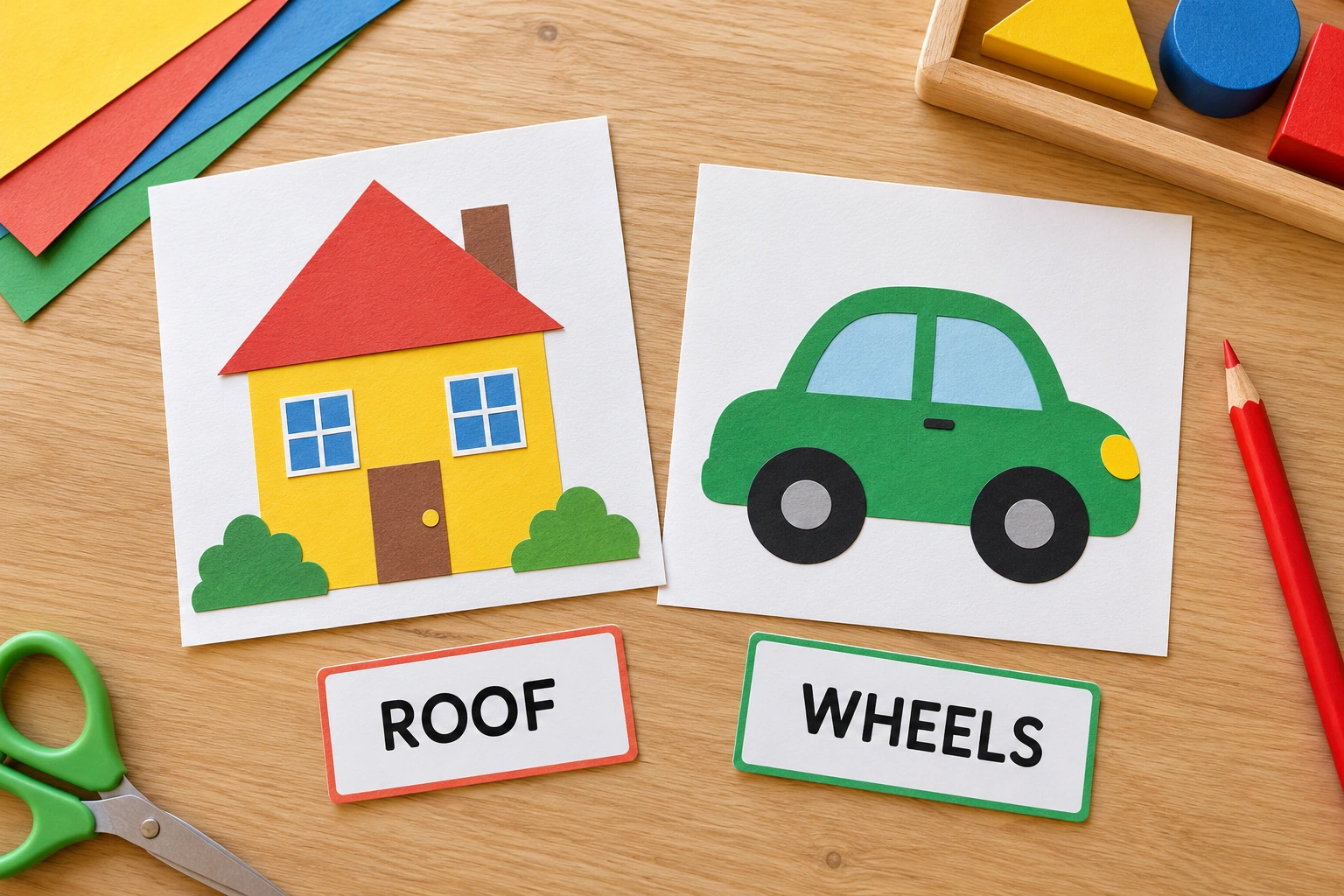 Completed paper house and car beside readable ROOF and WHEELS labels