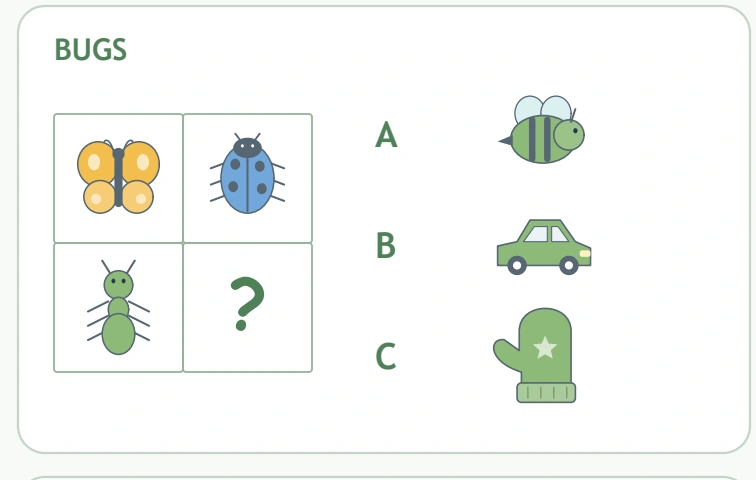 Butterfly, ladybug and ant examples appear in the BUGS panel with three lettered choices.
