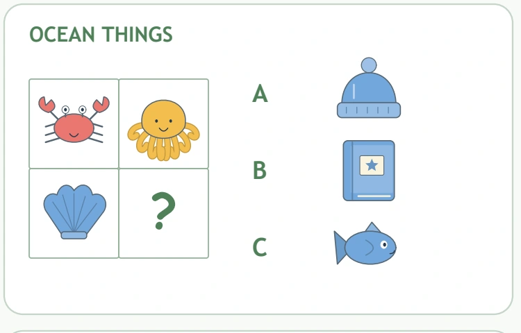 Crab, octopus and shell form the OCEAN THINGS group beside hat, book and fish options.