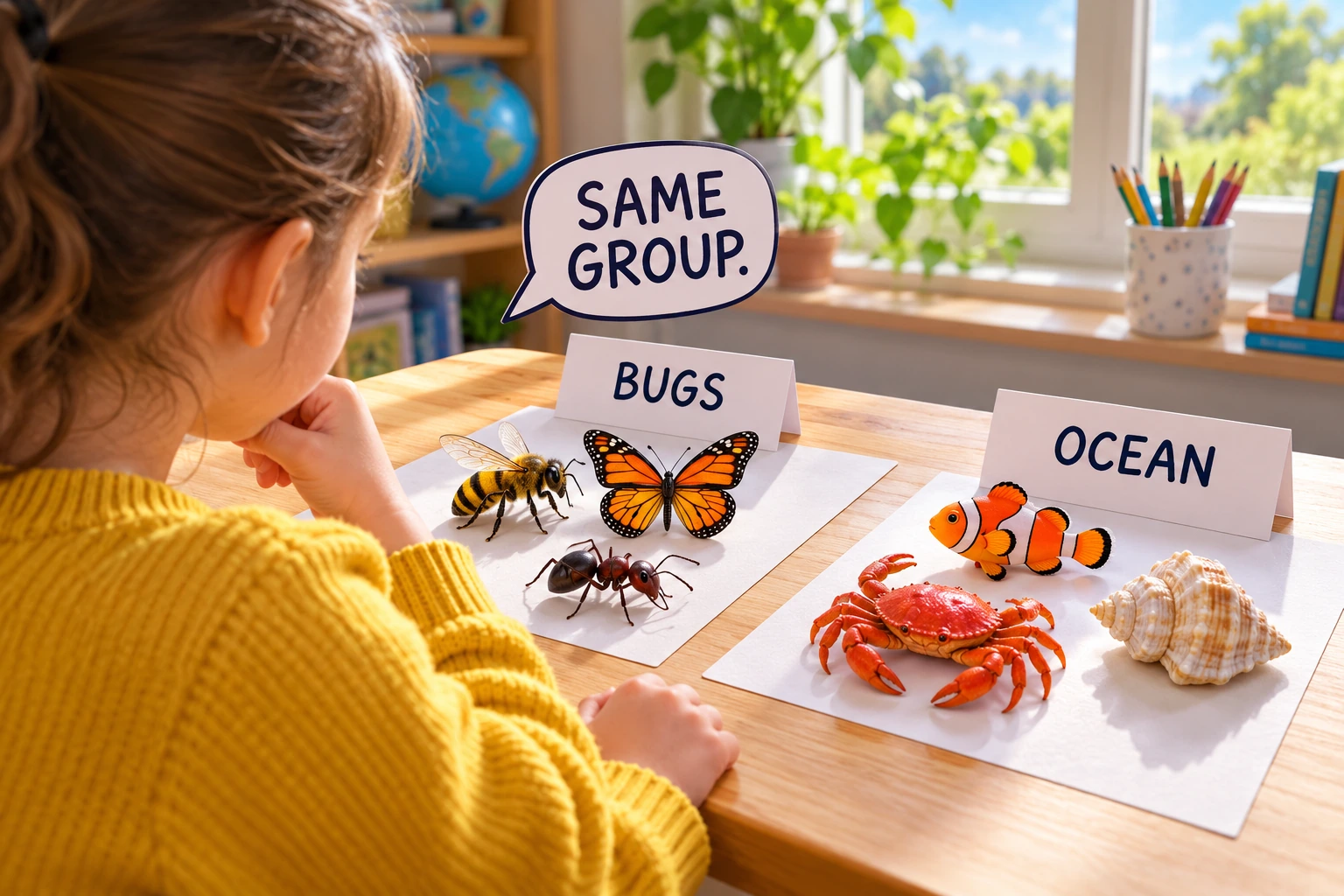 A child compares BUGS and OCEAN groups beside a SAME GROUP speech card.