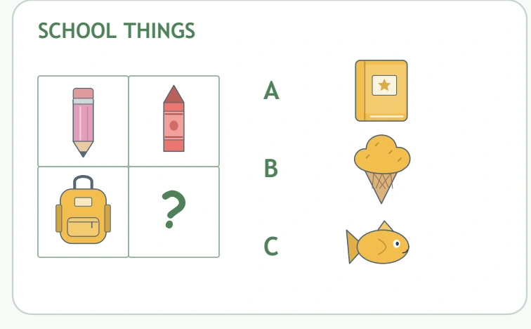 The SCHOOL THINGS group shows pencil, crayon and backpack beside book, ice cream and fish choices.