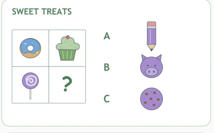 Donut, cupcake and lollipop form SWEET TREATS beside pencil, pig and cookie options.
