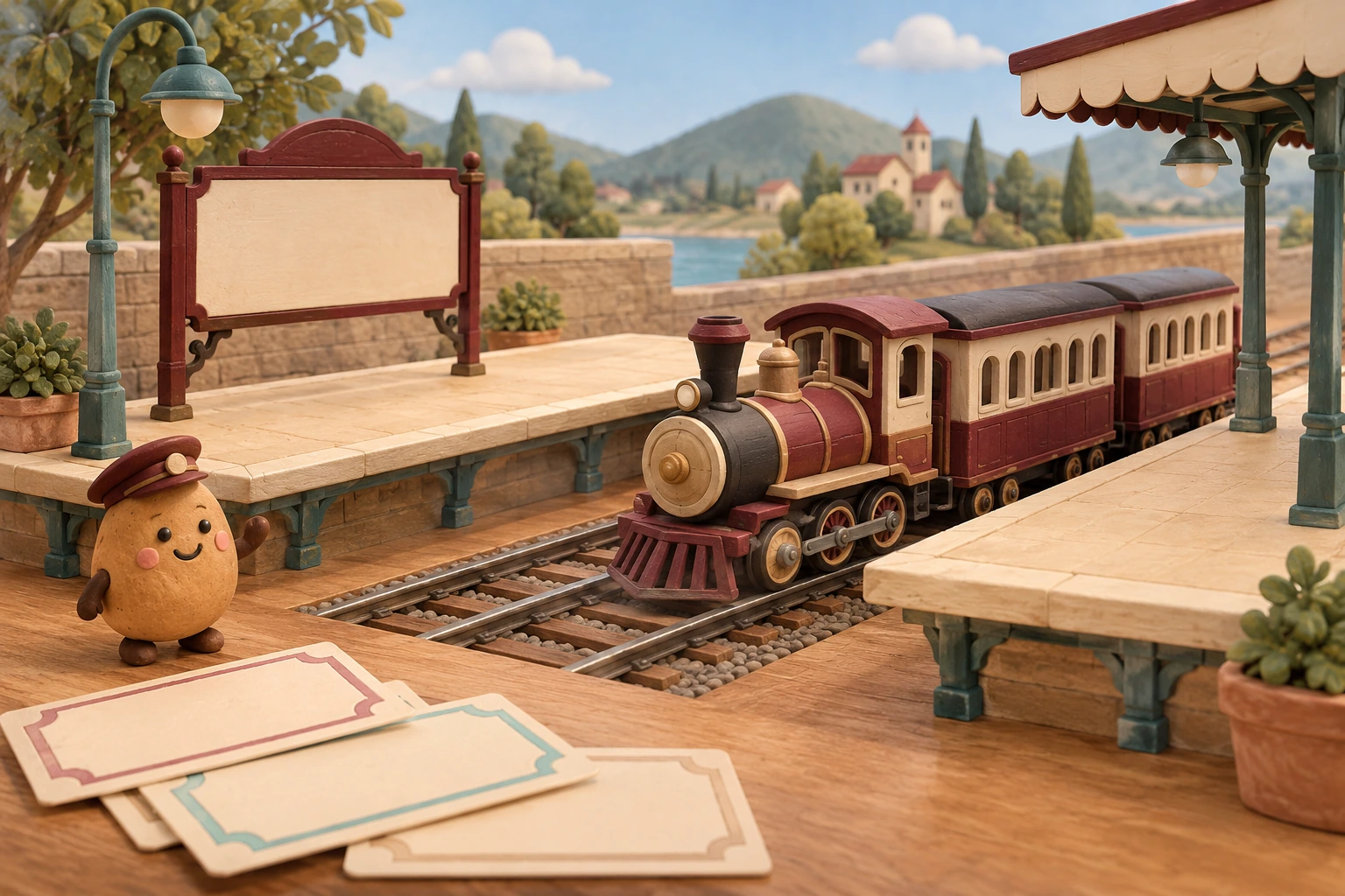 Burgundy miniature train between empty cream platforms beside blank passenger cards and a smiling potato mascot